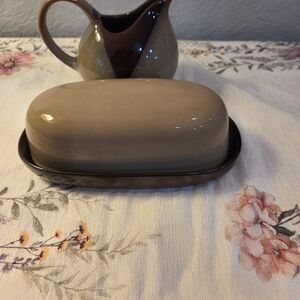 Sango Nova Brown Ceramic Butter Dish with Lid And Creamer